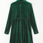 Green Long Sleeve Ruffle Velvet Button Up Shirt Dress