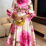 A-Line Long Sleeves Elasticity Flower Print Pleated Mock Neck Maxi Dresses