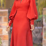 Long Sleeves Loose Buttoned Hollow Solid Color Split-Joint Round-Neck Maxi Dresses