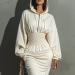 Women's Minimalist Waist Shirring Hooded Sweatshirt Maxi Dress