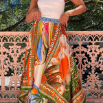 Summer Destination Satin Unique Print Elastic Waist Irregular Hem Maxi Skirt