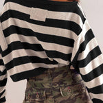 Striped Print Crew Neck Long Sleeve Loose Knitted Sweater