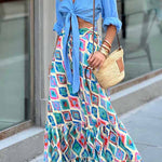 Ethnic Print Drawstring Elastic Waist Maxi Skirt