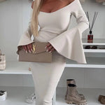 Solid Color Sexy Off-shoulder Trumpet Sleeve Slim Midi Dress