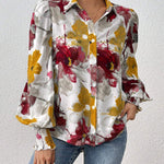 Long Sleeves Loose Buttoned Elasticity Flower Print Pleated Lapel Blouses&Shirts Tops