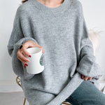 Stretch Mohair-Blend Balloon Sleeves Loose Solid Round-Neck Sweater Tops