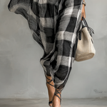 Women's Plaid Cotton Blend High Collar Short Sleeve Belt Maxi Dress