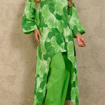 Exquisite Floral Print Crew Neck Paneled Pant Suit
