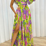 Let's Elope Floral Print Pleated One Shoulder Sleeve Slit Maxi Dress