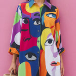 Long Sleeves Loose Abstract Printed Asymmetric Split-Joint Lapel Mini Dresses Shirt Dress
