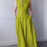 A-Line Loose Pleated Pockets Split-Joint Zipper Round-Neck Maxi Dresses