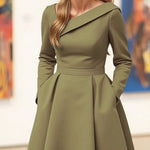 A-Line High Waisted Pleated Pockets Solid Color V-Neck Maxi Dresses