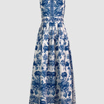 A-Line Loose Flower Print Split-Joint Lapel Maxi Dresses