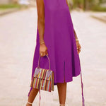 A-Line Sleeveless Solid Color Split-Joint Split-Side Streamer V-Neck Midi Dresses