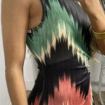 Irregular slanted shoulders blooming print slim dress