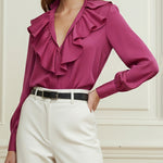 Long Sleeves Loose Ruffle Trim Solid Color V-Neck Blouses&Shirts Tops