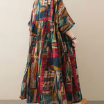 Vintage Loose Abstract Printed Pleated Round-Neck Half Sleeves Midi Dress