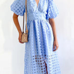 Remarkable Beauty Square Patterned Fabric Puff Sleeve Party Midi Dress