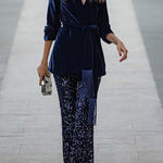 Diva Velvet Sequin High Rise Elastic Waist Flare Pants