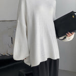 Stretch Mohair-Blend Balloon Sleeves Loose Solid Round-Neck Sweater Tops
