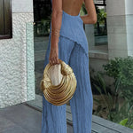Charm and Charisma Texture Fabric Halter Neck Backless Tank and Elastic Waist Wide Leg Pants Suit