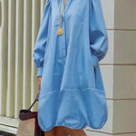 Long Sleeves Loose Buttoned Pleated Pockets Solid Color Lapel Midi Dresses