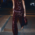 Gala Goddess Sequin High Rise Zipper Waist Wide Leg Pants