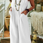 Solid Color Sleeveless Pocket Casual Wide Leg Side Button Jumpsuit