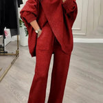 Solid Color Loose-fitting Turtleneck Knit Top and Elastic Waist Casual Pocket Straight Leg Pants