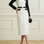 Long Sleeves Buttoned Contrast Color Split-Joint Lapel Midi Dresses