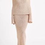 Marisol Ribbed Boucle Material Draped Off Shoulder Stretch Vacation Maxi Dress