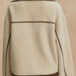Romane Faux Fleece Fabric Contrast Trim Long Sleeve Knitted Pocket Lapel Loose Jacket