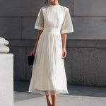 Sheer Sleeve Waist-Defined Midi Dress