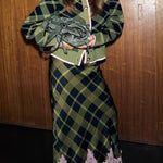 Holiday Plaid Knit Color-blocked Trim Button Long-sleeved Loose Cardigan