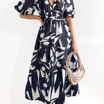 Elegant V-neck slim waist large swing skirt printed dress