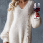 Comfortable Lazy Exquisite V-neck Metal Button White Imitation Rabbit Fur Knitted Side Slit Midi Dress
