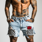 Men's Ripped Check Denim Shorts
