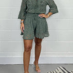Emilee Lace Tie Neck Bell Sleeve Top and Elastic Waist Loose Shorts Set