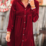 Long Sleeve Ruffle Velvet Button Up Shirt Dress