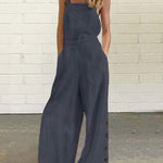 High Waisted Loose Buttoned Pockets Solid Color Spaghetti-Neck Overalls