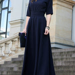 Half Sleeves High Waisted Solid Color Tied Waist V-Neck Maxi Dresses