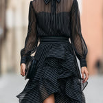 Striped Button-Front Ruffled High-Low Shirt Dress