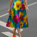 Sleeveless Contrast Color Flower Print Round-Neck Midi Dresses