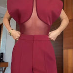 Vita Mesh Patchwork High Neck Wide Sleeve Bodysuit and High Rise Pocket Slit Pants Set