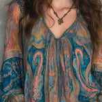 Bohemian Teal & Amber Paisley Chiffon Blouse With Ruffled Cuffs