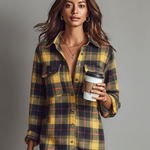 Women's Flannel Plaid Long Sleeve Shirt Midi Dress