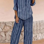 Casual Loose Striped Printed Long Sleeve Shirt Set