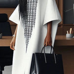 Loose Three-Quarter Sleeves Printed Split-Front Round-Neck Midi Dresses