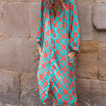 Sky Blue Geometric Print Split Neck Loose Shirt Dress