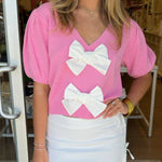 V-Neck Short-Sleeved Double Bow Solid Color Sweater